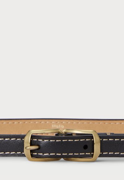Black leather belt with gold-tone metal buckle, contrasting stitching detail, smooth texture, and a plain inner surface.