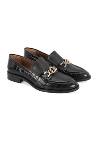 Black loafers featuring a smooth leather upper with a crocodile pattern, gold chain detail, and a low block heel.