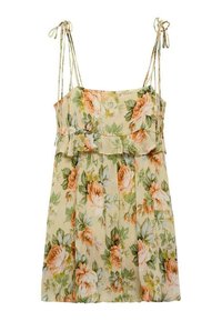 Bloemige zomerjurk in lichtbeige met perzik- en groene rozen. Heeft dunne schouderbandjes, een gerimpelde taille en een vloeiende, losse pasvorm.