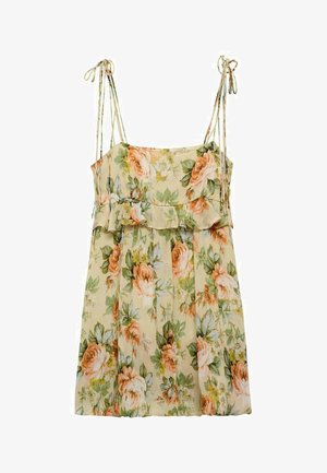 Kvetinové letné šaty v svetlo béžovej farbe s broskyňovými a zelenými ružami. Majú tenké ramienka, volánkový pás a voľný, splývavý strih.