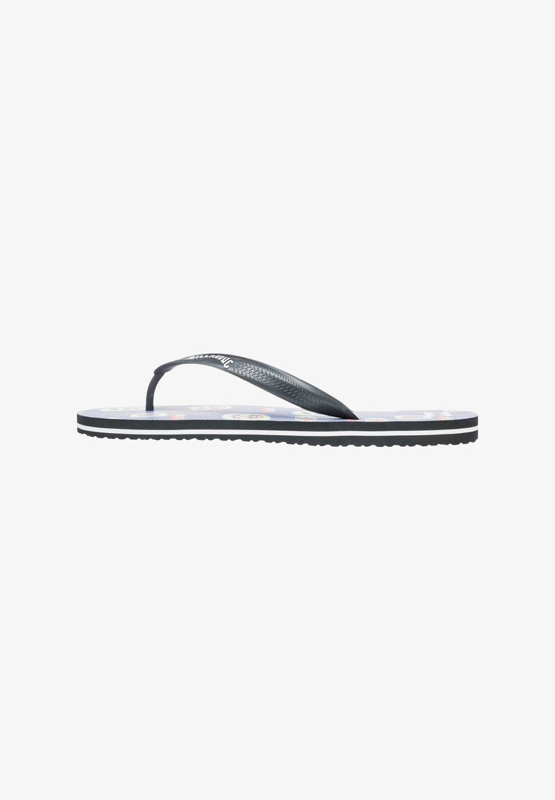 Black flip flop with textured strap, rubber sole, and multicolored pattern on the footbed. Features a ribbed design and white outline.