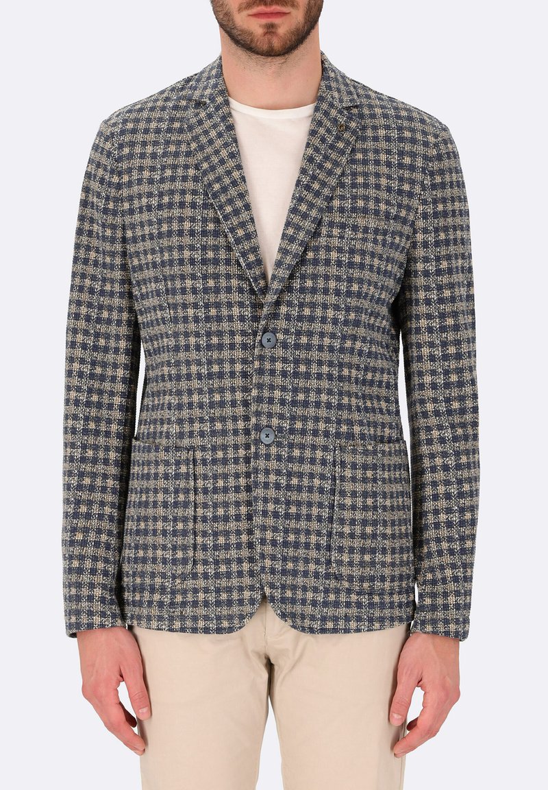 Blazer a quadri blu navy e beige con due bottoni, rever a punta e tasche frontali, realizzato in tessuto testurizzato.