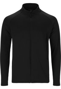 Svart zip-up jacka i mjukt, elastiskt tyg. Har långa ärmar, hög krage och två sidofickor. Minimalistisk design.