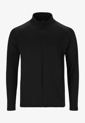 Sort zip-jakke lavet af blødt, strækbart stof. Har lange ærmer, en høj krave og to sidelommer. Minimalistisk design.