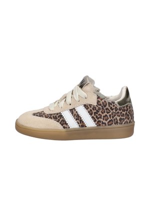 Low-top sneaker with beige suede, leopard print fabric, white side stripes, cream laces, and a brown rubber sole.