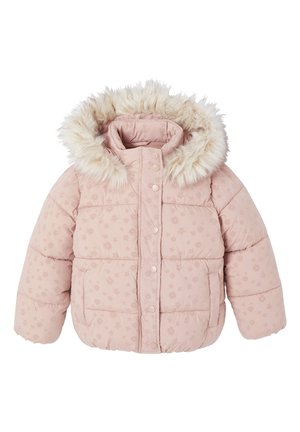 Light pink puffer jacket with a faux fur hood, quilted texture, and floral pattern. Fastened with snap buttons, featuring two front pockets.