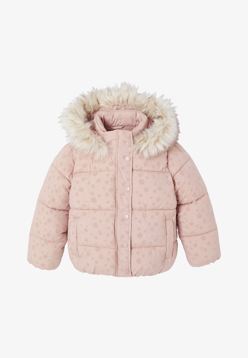 Helle rosa Daunenjacke mit Kapuze aus Faux-Fur, gestepptem Design und Blumenmuster. Mit Druckknöpfen verschlossen und zwei Fronttaschen.