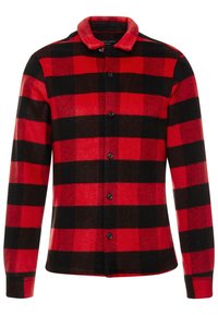 Röd och svart rutigt skjortjacka med knappstängning, krage, lång ärm och ett mjukt, texturerat material. Har stora rutor.