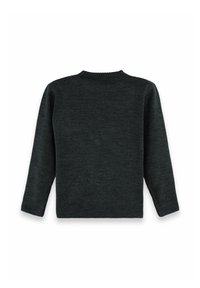 Maglione grigio scuro a maniche lunghe con colletto girocollo, con polsini e orlo a costine, mostrato disteso su uno sfondo bianco.