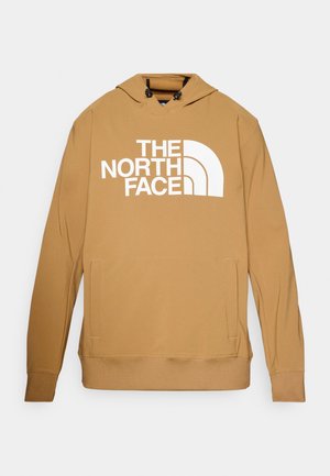 Kapuči krekls gaismas brūnā audumā ar priekšējo kangaroo kabatu un baltu "THE NORTH FACE" logo; ar auklu kapuces pievilkšanai.