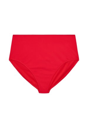 Bas de bikini rouge taille haute en tissu lisse et design simple sans coutures, posé à plat sur un fond blanc.