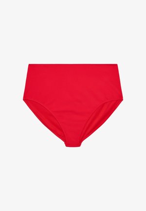 Rød bikinitrusse med høj talje i glat stof og enkelt sømløst design, lagt fladt på en hvid baggrund.