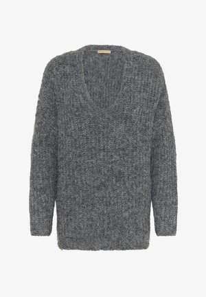 Grijze gebreide trui met een diepe V-hals, lange mouwen en een losvallende pasvorm. Het materiaal is pluizig met een gestructureerd, geweven patroon.