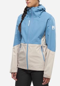 Leichte zweifarbige Jacke in Blau und Beige, mit Reißverschluss vorne, verstellbarer Kapuze und Reißverschlusstaschen. Glatte Textur mit Logodetail.