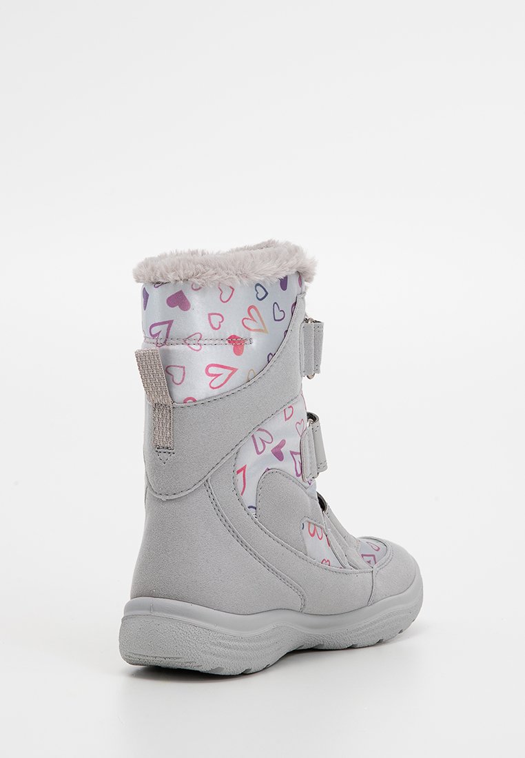 Grauer Winterstiefel mit einem weichen Kunstfellkragen, Herzmustern in Rosa und Lila sowie verstellbaren Klettverschlussriemen. Strukturiertes Gummisohle.