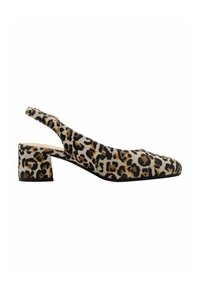 Leopárdmintás slingback magassarkú cipő négyzet alakú orral és lekerekített blokk sarokkal, lágy szövet felsőrésszel és kontrasztos fekete talppal.