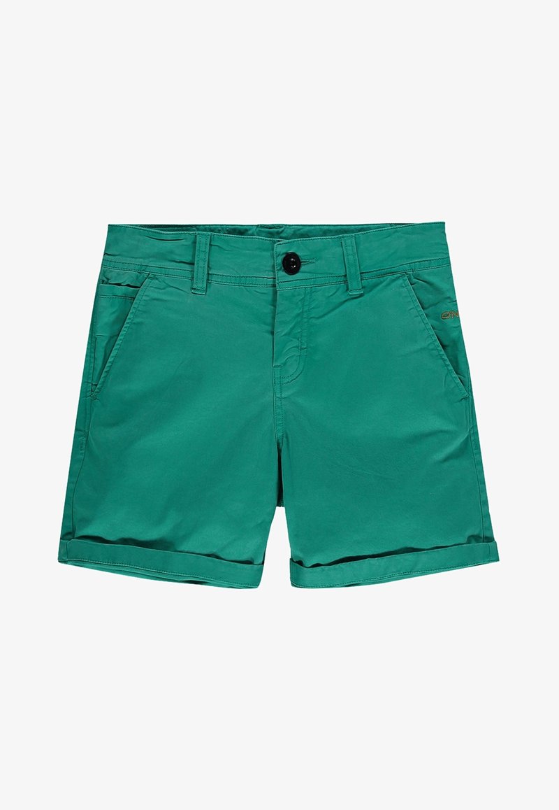 Shorts décontractés verts pour hommes avec poches avant, passants pour ceinture, fermeture à bouton et ourlets retroussés.