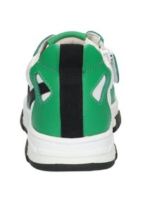 Groene en witte sneaker met een textuurleren en mesh bovenwerk, voorzien van een zwarte elastische band bij de hak en uitsparingen.