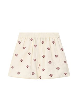 Shorts couleur crème avec une taille élastiquée froncée, décorés de petits motifs dispersés de coquillages rouge foncé.