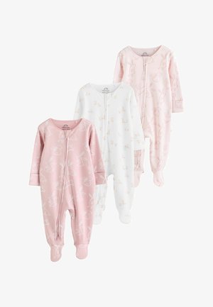 Tre baby heldragter: to i lyserød, en i hvid. Alle har kaninmønstre, lange ærmer og lynlås-lukninger. Blødt, glat stof.