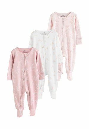 Drei Babystrampelanzüge: zwei in Rosa, einer in Weiß. Alle haben ein Kaninchenmuster, lange Ärmel und einen Reißverschluss. Weicher, glatter Stoff.