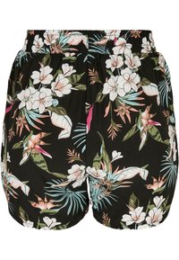 Svarta blommiga shorts med vita blommor, gröna blad och rosa detaljer. Elastisk midja för komfort och avslappnad passform.