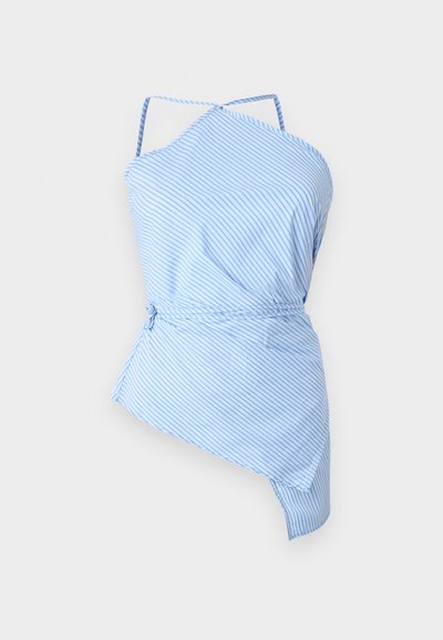 Blue and white striped top with an asymmetric cut, thin straps, and a drawstring waist for adjustable fit. Lightweight fabric with smooth texture.