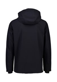 Veste imperméable noire avec capuche, manches longues et texture lisse, au design minimaliste sans logos ni accents visibles.