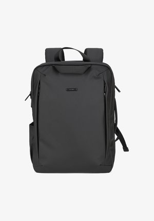 Sac à dos rectangulaire noir avec bretelles rembourrées, poignée supérieure et poches avant zippées, présenté sur fond blanc.