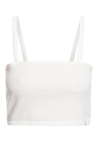 Hvid crop top med tynde, justerbare stropper. Lavet af ribbet stof, har en tætsiddende silhuet og en ren kant uden pynt.