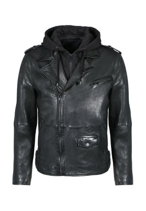 Black leather jacket with attached black hoodie. Features zippers, a patch pocket, and shoulder epaulets. Smooth texture and fitted design.