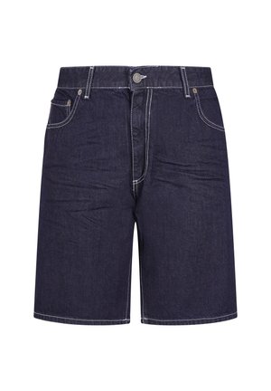 Dark blue denim shorts with front button and zipper closure, belt loops, and two front pockets with contrast white stitching.