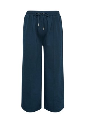 Pantaloni a gamba larga blu navy in morbido cotone, con un elastico in vita e un cordoncino, frontale piatto e senza tasche.