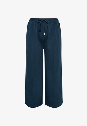 Marineblå bredbenede bukser lavet af blødt bomuld, med elastisk talje og snor, flad front og uden lommer.