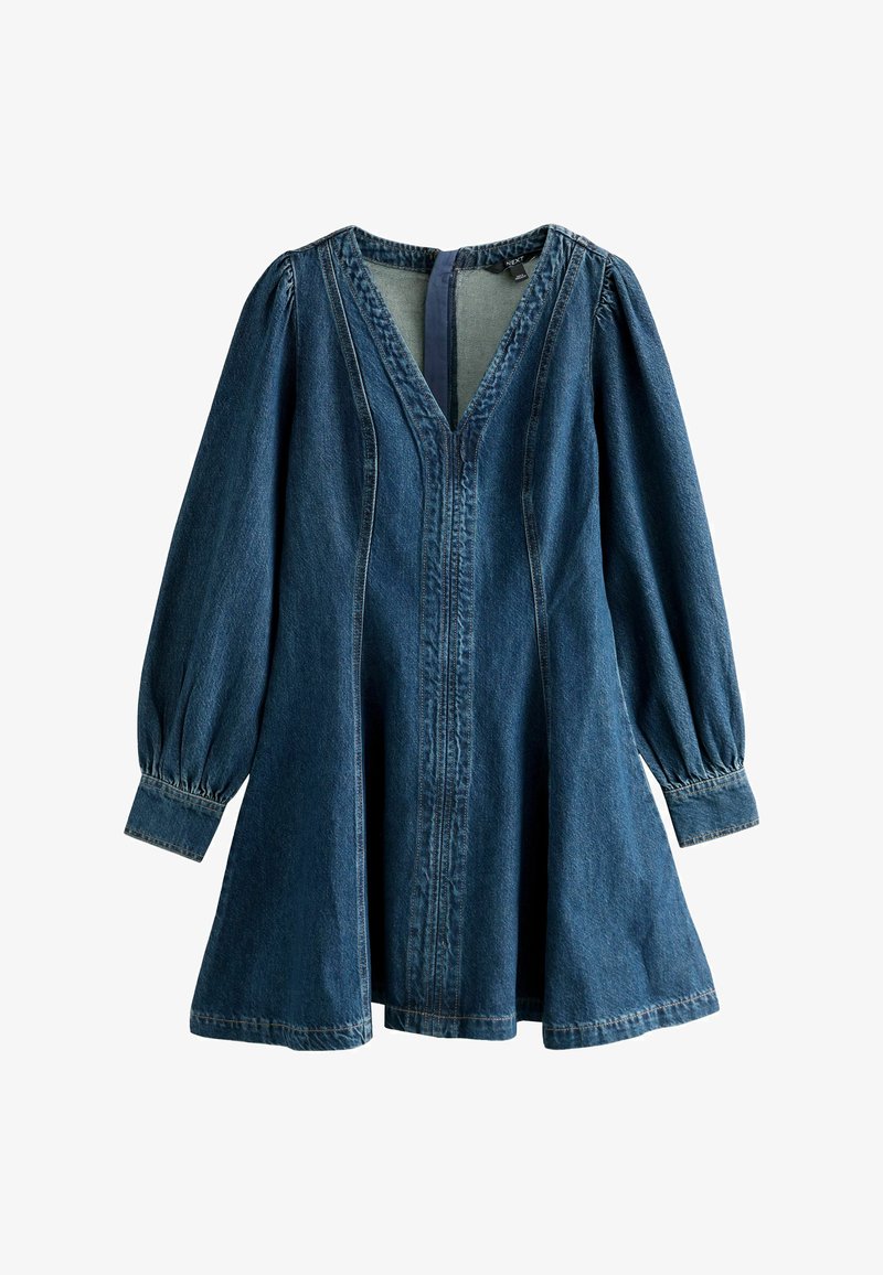 Rochie din denim albastru închis, cu mâneci lungi bufante, decolteu în V, talie ajustată și fustă evazată, având cusături vizibile ca element decorativ.