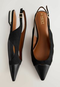 Chaussures noires à dos ouvert, alliant daim et cuir, à bout pointu, avec un design découpé et une petite boucle dorée sur la sangle.