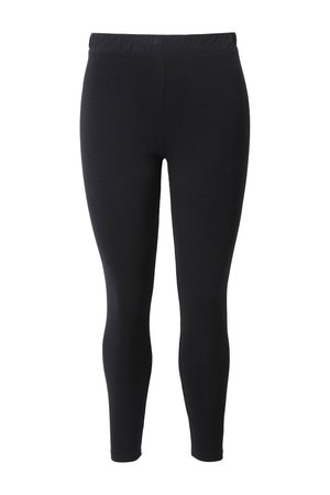Leggings neri a gamba intera con vita elastica, stile aderente, parte frontale senza cuciture, mostrati su sfondo bianco.