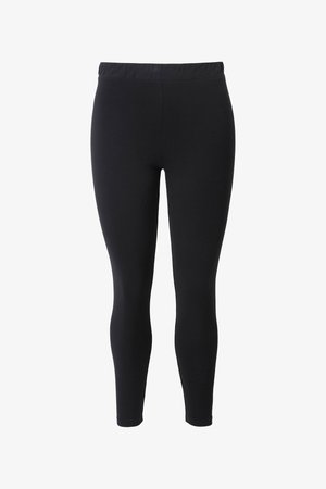 Sorte leggings i fuld længde med elastisk talje, stram pasform, sømløs front, vist mod hvid baggrund.