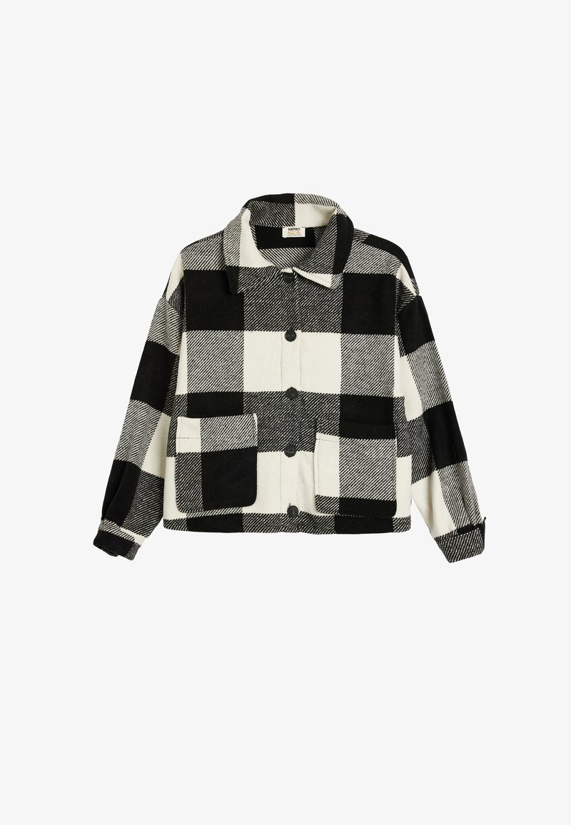 Skakternet sort og hvid jakke lavet af blødt stof, med krave, knaplukninger og to forlommer. Fyrkantet mønster hele vejen igennem.