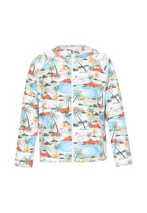 Lekka kurtka zapinana na zamek z wzorem palmy i tropikalnej scenerii w żywych kolorach, o miękkiej, gładkiej fakturze i długich rękawach.
