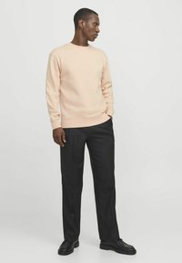 Lichtroze sweatshirt met een ronde hals en lange mouwen, gecombineerd met zwarte plissébroek en zwarte schoenen, met een relaxte pasvorm.