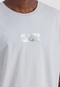 Gai pelēks T-kreklis ar sudraba, teksturētu taisnstūra uzlīmi ar izpūstām burtiem. Ribotā apakšējā daļa un mīksta auduma tekstūra.