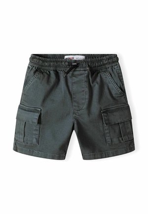 Mørkegrå børne cargo shorts med elastisk linning, snøre, sidelommer med klap og front sidelommer.