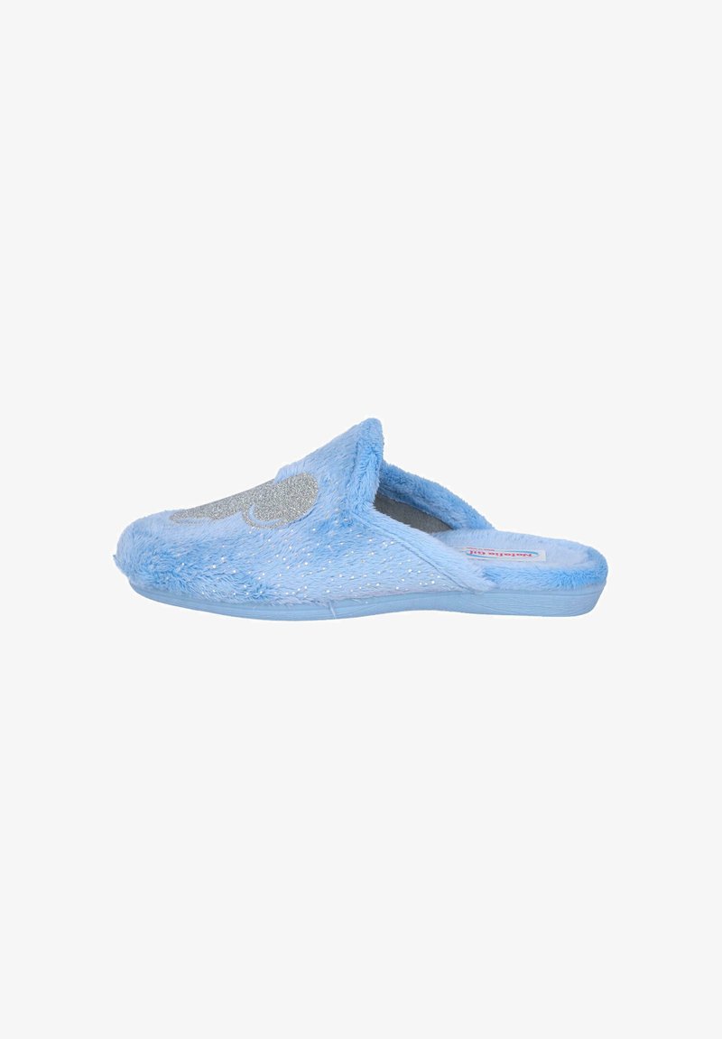 Zapatillas de casa azules y peludas con una textura suave, que presentan un diseño de acento plateado en la parte superior y una suela de color azul claro. Estilo de espalda abierta.