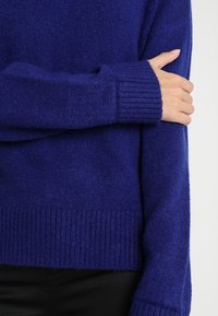 Maglione blu cobalto realizzato in morbido tessuto a maglia, con polsini e orlo inferiore a costine. Texture visibile e vestibilità rilassata.