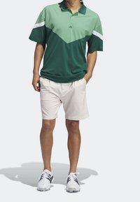 Mies, joka on pukeutunut vihreään ja tummanvihreään polo-paitaan, jossa on valkoiset raidat hihoissa, valkoisiin shortseihin ja valkoisiin urheilukenkiin, seisoo kädet taskuissa.