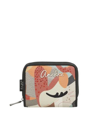 Portafoglio compatto con zip, motivo astratto multicolore, dettagli in strass rossi e logo "Anekke" sul davanti.