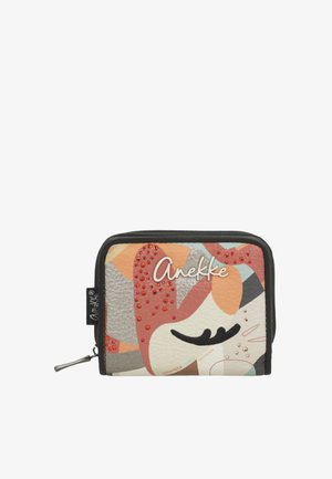 Portafoglio compatto con zip, motivo astratto multicolore, dettagli in strass rossi e logo "Anekke" sul davanti.