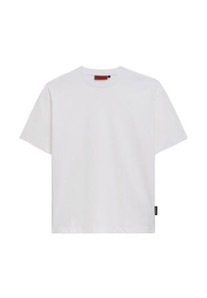 White cotton T-shirt with short sleeves, crew neckline, and a small black logo tag at the left side seam. Smooth texture, classic fit.