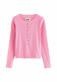 Ružový kardigán s dlhým rukávom a rebrovanou textúrou, s okrúhlym výstrihom a striebornými cvokmi po celej prednej strane. Okraje s vlnkovým lemom.